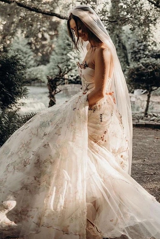 Floral Lace Wedding Dresses Embroidery Outdoor Vestido De Noiva
