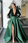 Dark Green Elegant Evening Dresses With Long Sleeve