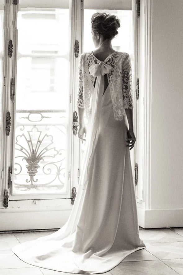 Short Sleeve Soft Satin Wedding Dresses With Lace Jacket Robe de Soriee Chic ZW807