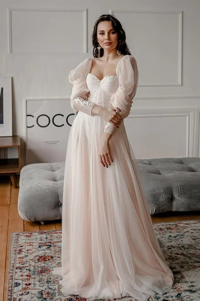 A Line Tulle Sweetheart Bohemian Puffy Sleeves Wedding Bridal Gown