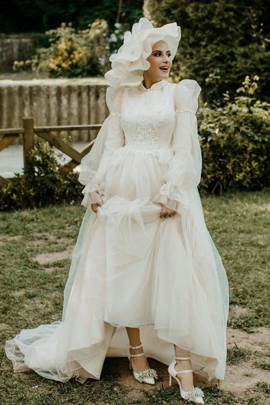 Flare Sleeves A Line Tulle Muslim Wedding Bridal Dresses