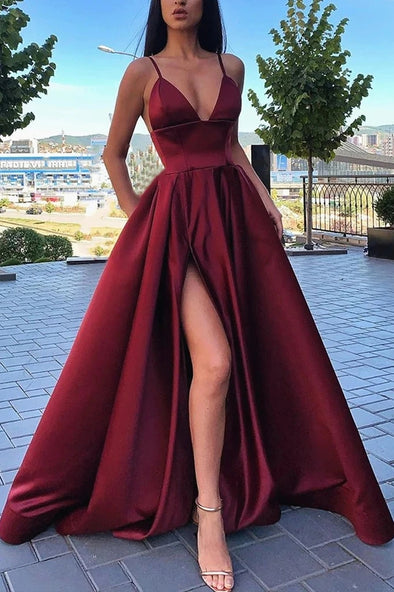 A Line V Neck Red Long Prom Dresses TB1343