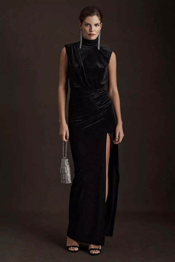 Black High Neck Long Slit Formal Evening Dress