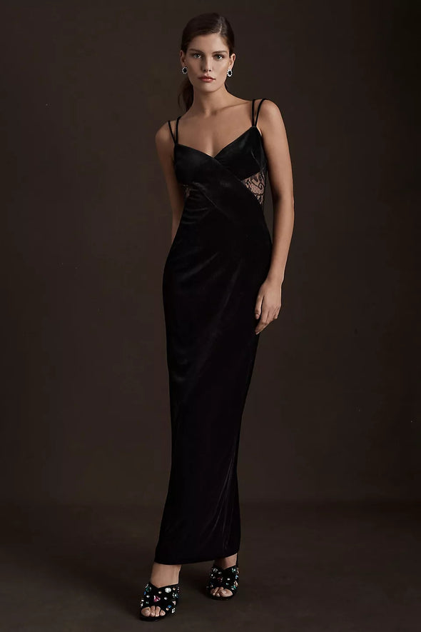 Black Velvet Dress Lace Illusion Back Sexy Evening Gown