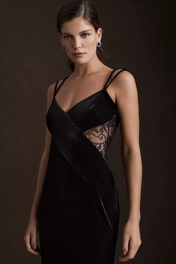 Black Velvet Dress Lace Illusion Back Sexy Evening Gown