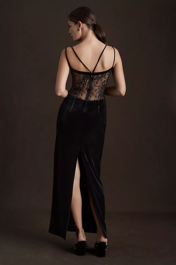 Black Velvet Dress Lace Illusion Back Sexy Evening Gown
