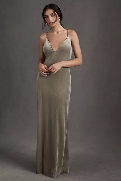 Sage V Neck Backless Velvet Bridesmaid Dresses