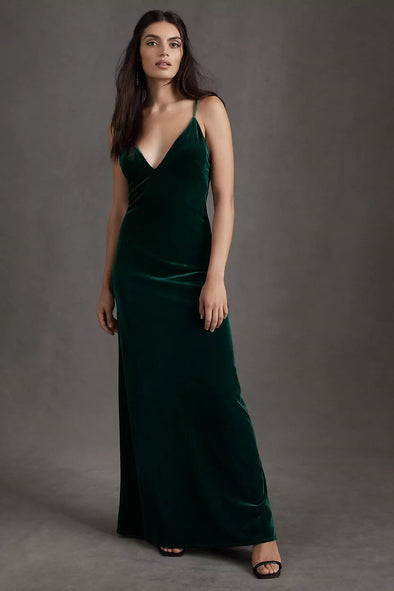 Dark Green V Neck Backless Velvet Bridesmaid Dresses