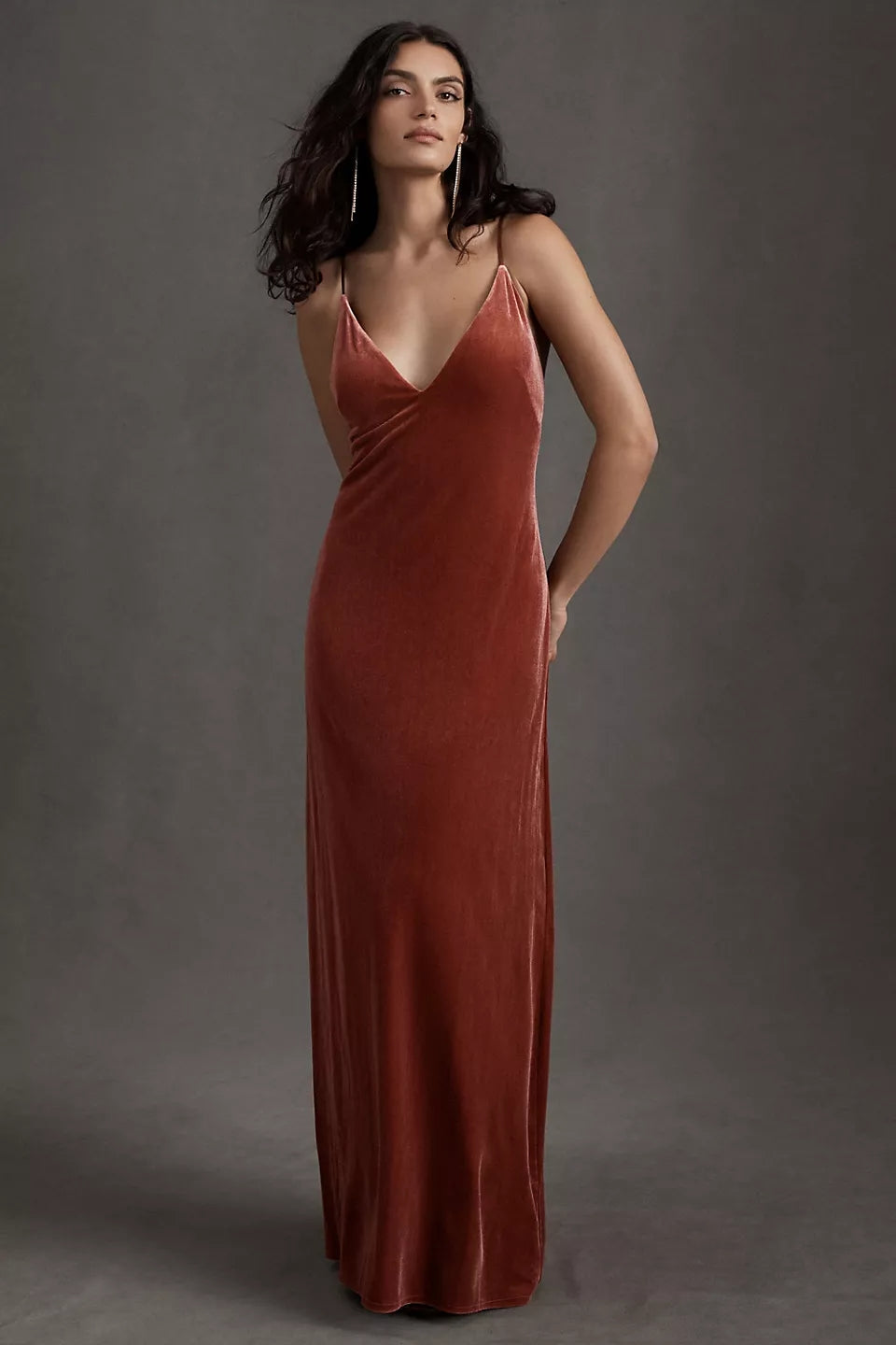 Cinnamon Rose V Neck Backless Velvet Bridesmaid Dresses TANYA BRIDAL Cinnamon Rose V Neck Backless Velvet Bridesmaid Dresses TANYA BRIDAL