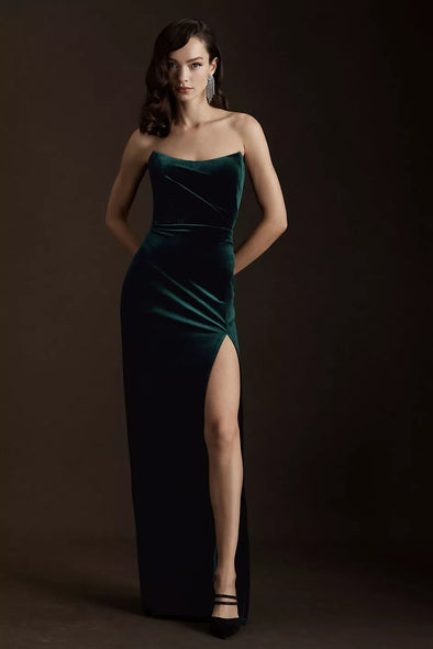 Dark Emerald Velvet Long Bridesmaid Dress Strapless Straight
