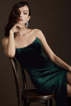 Dark Emerald Velvet Long Bridesmaid Dress Strapless Straight