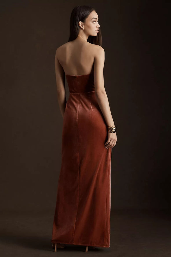 English Rose Velvet Long Bridesmaid Dress Strapless Straight