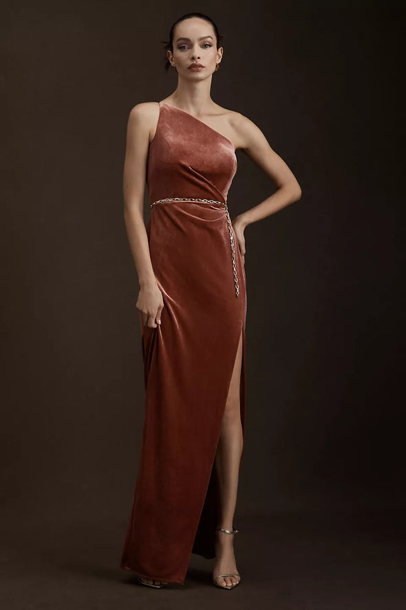 English Rose One-Shoulder Velvet Dress Bridesmaid Gown