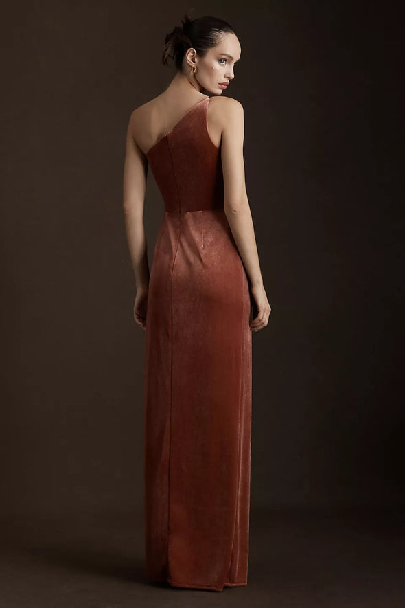 English Rose One-Shoulder Velvet Dress Bridesmaid Gown