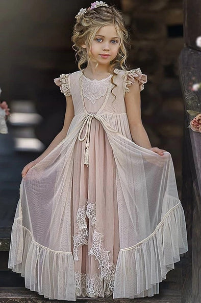 Vintage Pink Flower Girl Dress Lace Two Pieces