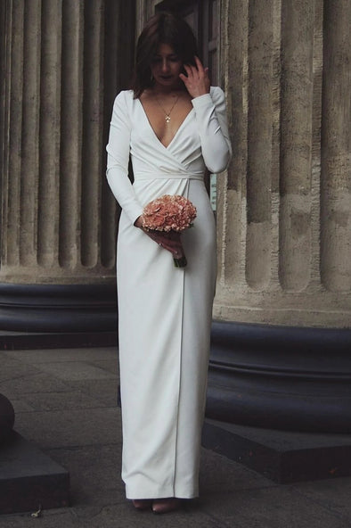 Simple Wedding Dress Long Straight V Neck