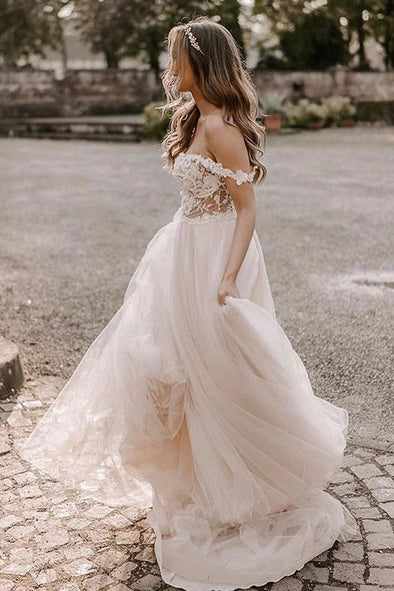 A Line Bohemian Long Lace Tulle Wedding Dresses Off The Shoulder TB1413