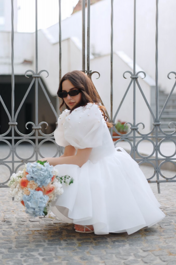 Summer Short Wedding Dress With Puffy Pearls Sleeves 234241159