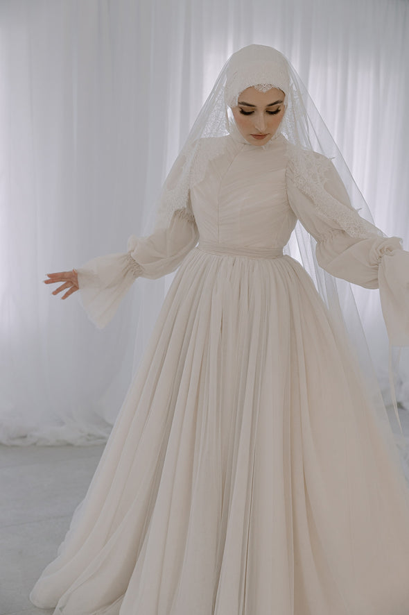 Muslim Wedding Dress High Neck Puffy Long Sleeves