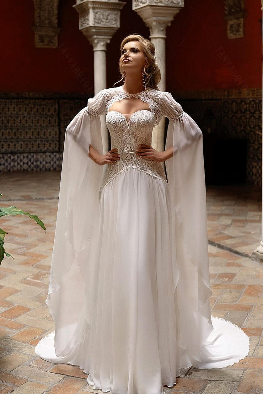 A Line Chiffon Wedding Dresses Long Cape Sleeve Noivas Chic ZW851 TANYA BRIDAL A Line Chiffon Wedding Dresses Long Cape Sleeve Noivas Chic ZW851 TANYA BRIDAL