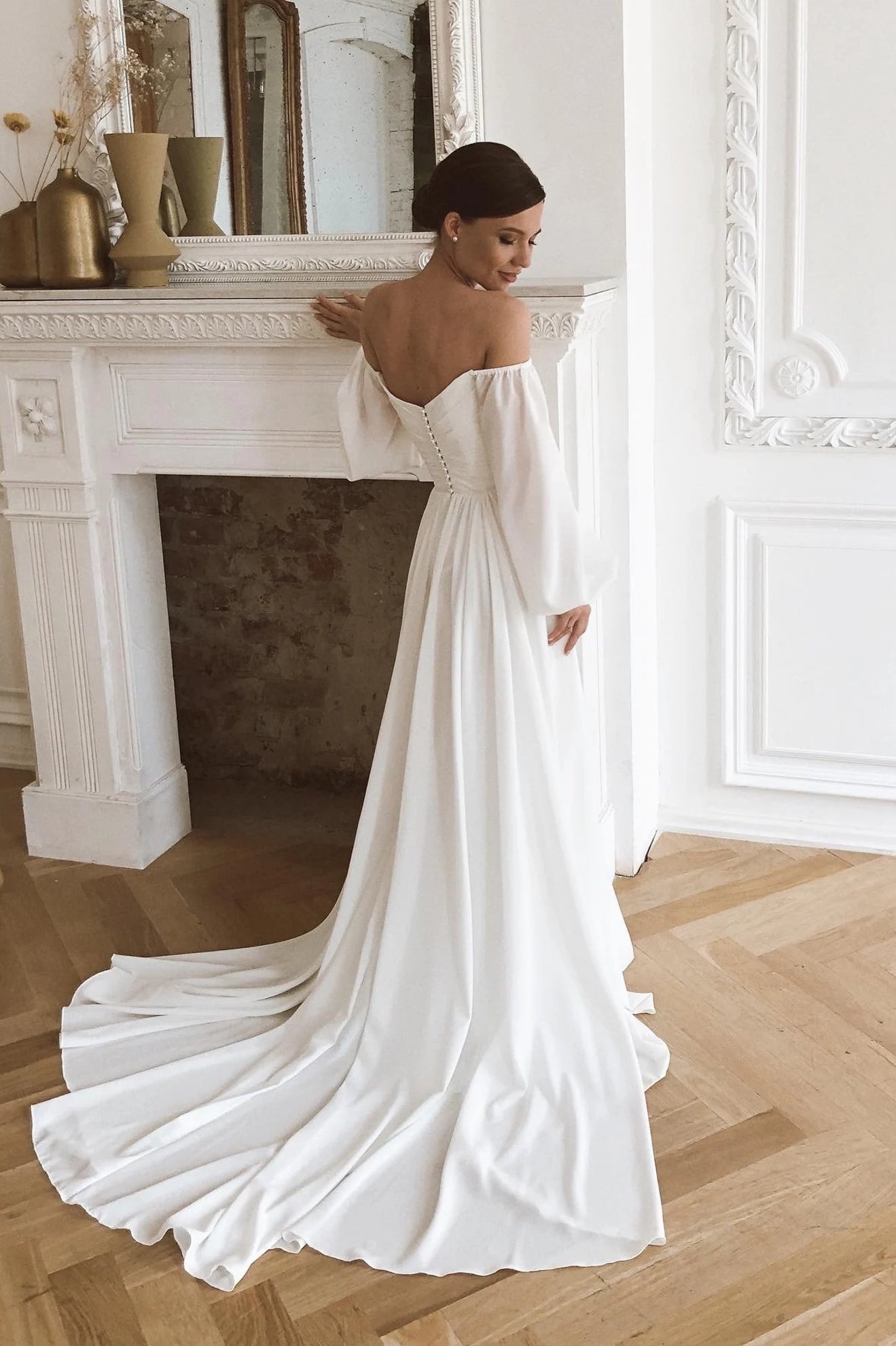 Off The Shoulder Long Sleeves Wedding Dresses Chiffon Bohemian A Line TANYA BRIDAL Off The Shoulder Long Sleeves Wedding Dresses Chiffon Bohemian A Line TANYA BRIDAL