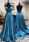 Simple V Neck Satin Long Prom Dress Blue Evening Dress 215251732