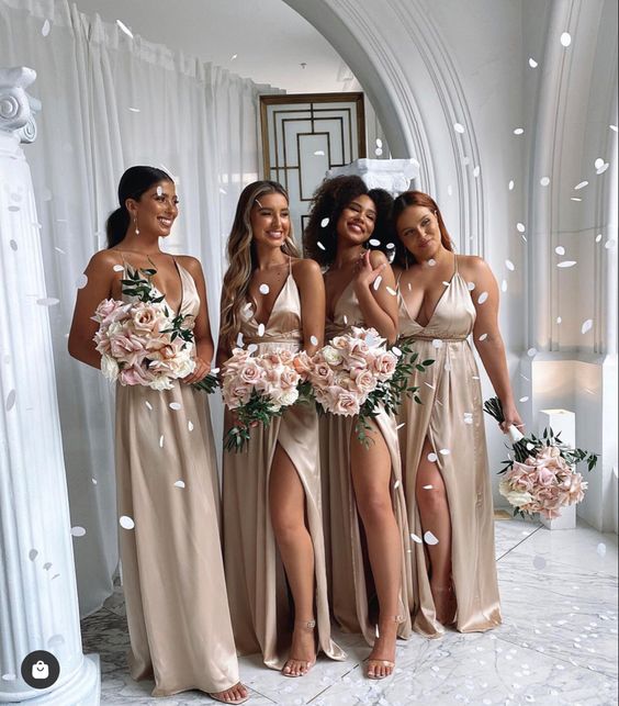 Champagne Long Slit Bridesmaid Dress1