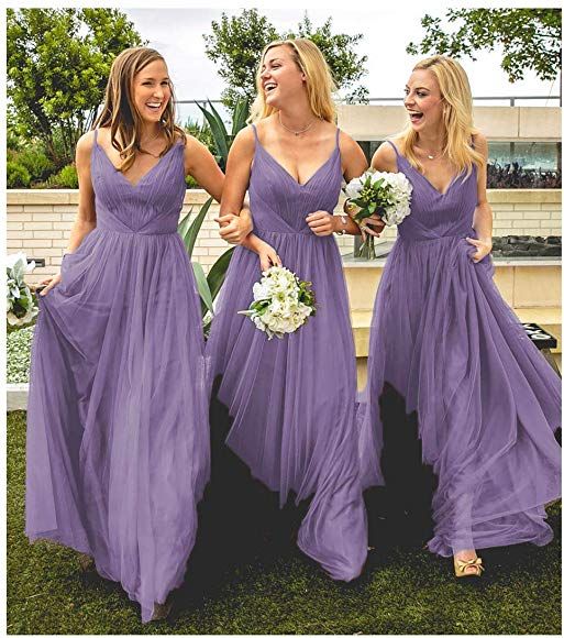 Lavender Long A Line Tulle Bridesmaid Dresses