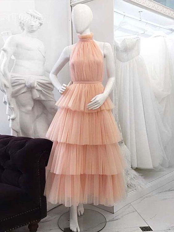Dusty Pink Tiered Tulle Prom Dresses Halter Coral Homecoming Party Gown