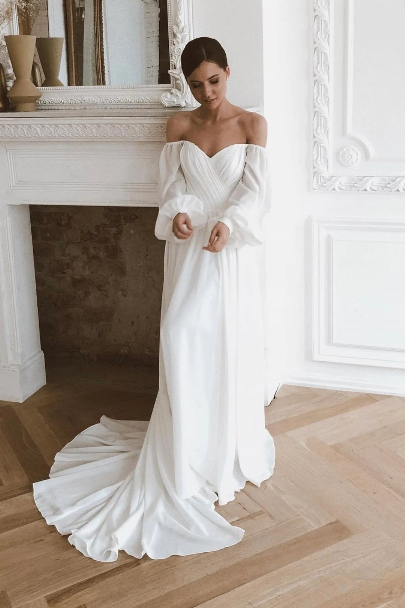 Off The Shoulder Long Sleeves Wedding Dresses Chiffon Bohemian A Line – TANYA BRIDAL Off The Shoulder Long Sleeves Wedding Dresses Chiffon Bohemian A Line – TANYA BRIDAL