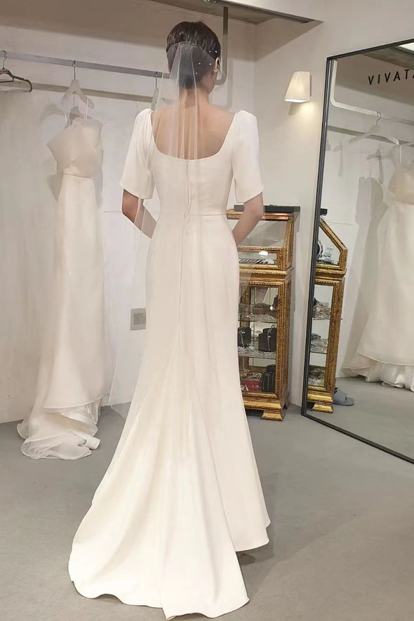 Mermaid Long Simple Cape Sleeves Wedding Bridal Gown With Detachable Bow