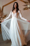 Long Sleeves V Neck Backless Lace A Line Wedding Bridal Dress