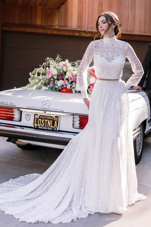 Two Pieces Lace High Collar Cross Back A Line Wedding Dress TANYA BRIDAL Two Pieces Lace High Collar Cross Back A Line Wedding Dress TANYA BRIDAL