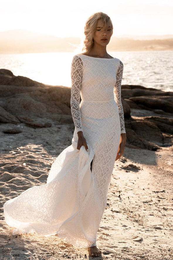 Backless Lace Bohemian Long Sleeves Split Wedding Dresses