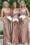 Gold Sequins Long Bridesmaid Dresses A Line One Shoulder Wedding Party Dress vestido de fiesta de boda DQG1180