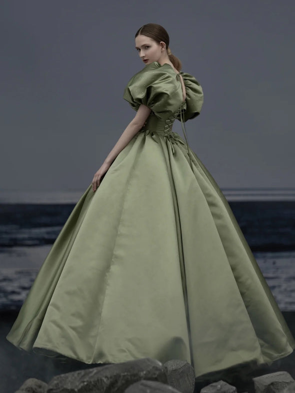 Puff Sleeve Satin Avocado Green Prom Dress