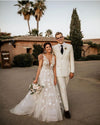 Elegant Floral Lace Wedding Dresses Deep V-Neck Pearls Beads A Line Bridal Gowns Bohemian Vestido de noivas TBW06