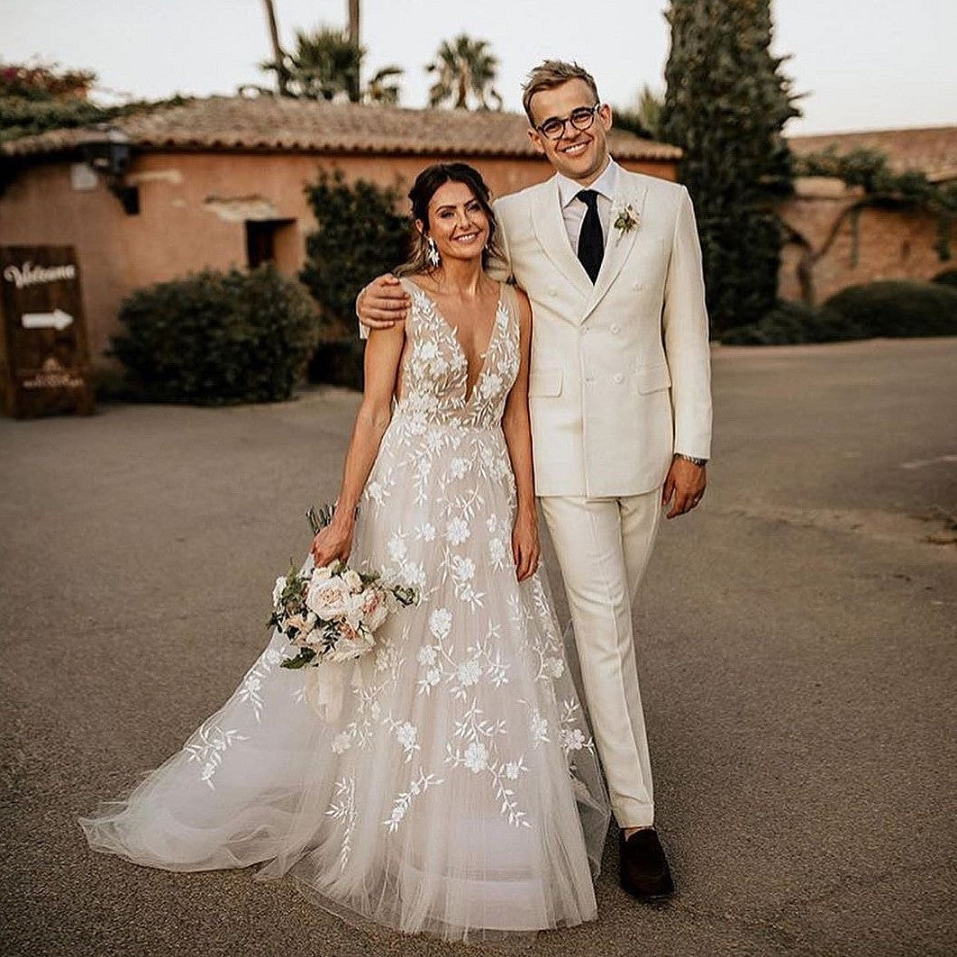 Elegant Floral Lace Wedding Dresses Deep V-Neck Pearls Beads A Line Br TANYA BRIDAL Elegant Floral Lace Wedding Dresses Deep V-Neck Pearls Beads A Line Br TANYA BRIDAL