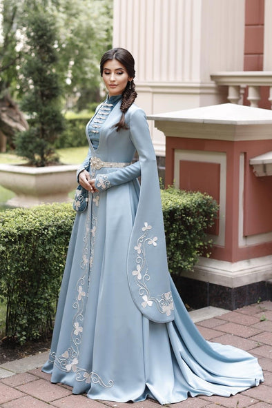 blue islamic wedding dresses Blue Lace Blue ballgown wedding dress with Long Sleeves, High Neck, Appliqued Bridal Dress, Tulle Beading, and Plus Size Option
