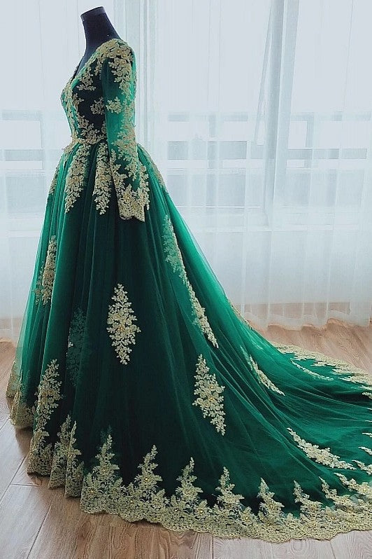 Green Muslim Wedding Dress With Gold Lace Applique DQG038