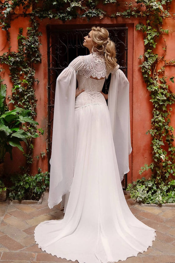 A Line Chiffon Wedding Dresses Long Cape Sleeve Noivas Chic ZW851