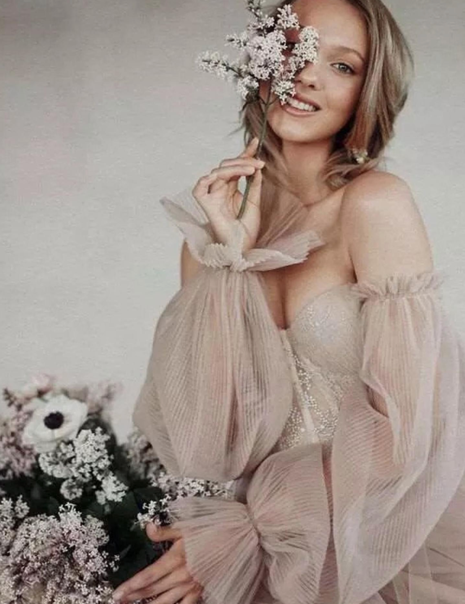 Dusty Pink A Line Wedding Dresses With Detachable Puff Long Sleeves TANYA BRIDAL Dusty Pink A Line Wedding Dresses With Detachable Puff Long Sleeves TANYA BRIDAL
