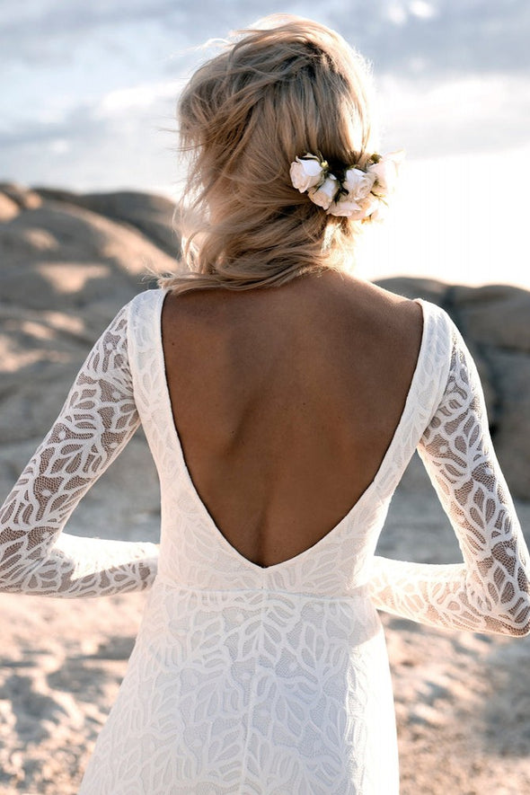 Backless Lace Bohemian Long Sleeves Split Wedding Dresses