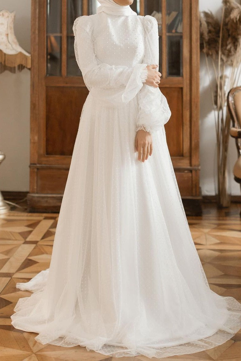 Elegant Modest Pearls Dot Tulle Full Sleeves Muslim Wedding Gown Elegant Modest Pearls Dot Tulle Full Sleeves Muslim Wedding Gown