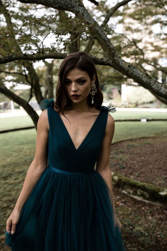 Modest Deep Blue Tulle Long Bridesmaid Dresses V Back TANYA BRIDAL Modest Deep Blue Tulle Long Bridesmaid Dresses V Back TANYA BRIDAL