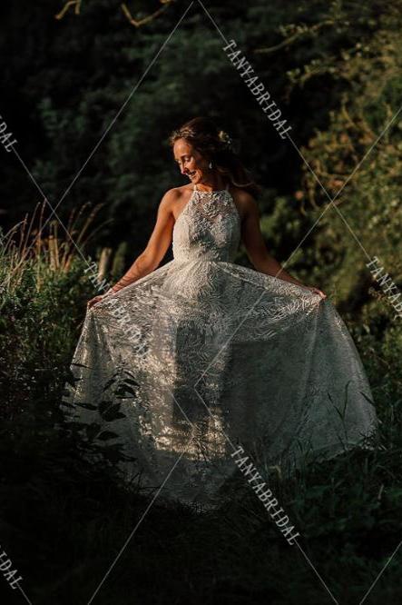 A Line Lace Bohemian Wedding Gowns Boho Noivas Chic DW365