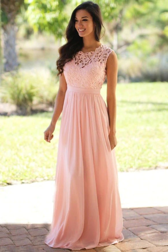 Peach Pink Long Chiffon Lace Wedding Party Dress Bridesmaids Gown