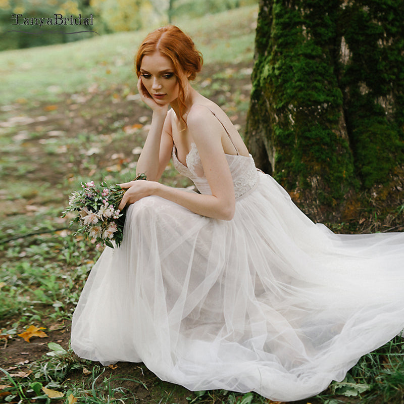 A Line Bohemian Tulle Wedding Dresses V-Neck Bridal Gowns Beach DW309 TANYA BRIDAL A Line Bohemian Tulle Wedding Dresses V-Neck Bridal Gowns Beach DW309 TANYA BRIDAL