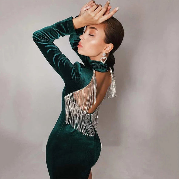 Sexy Green Velvet Backless Long Sleeve Tassel Mini Cocktail Dress