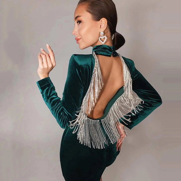 Sexy Green Velvet Backless Long Sleeve Tassel Mini Cocktail Dress